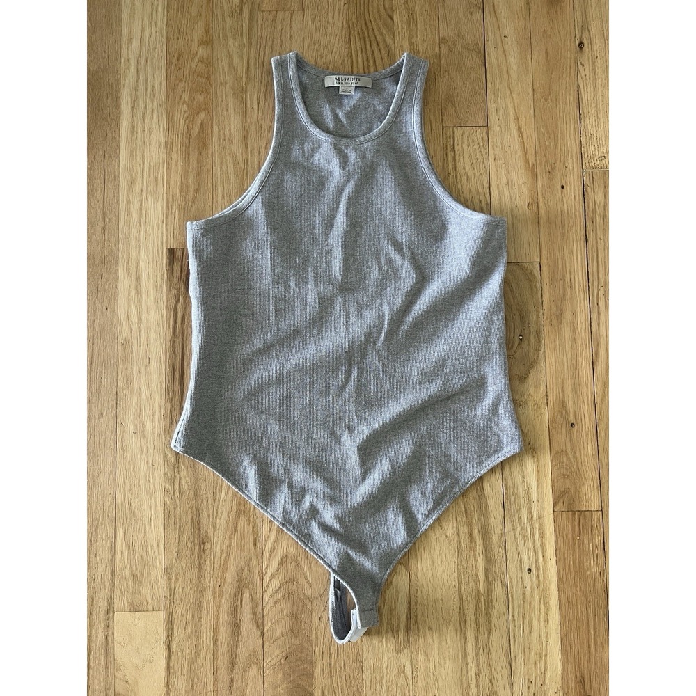 Allsaints‎ Jamie Thong Bodysuit Grey Sz 8 Stretch Sleeveless Layering Ribbed